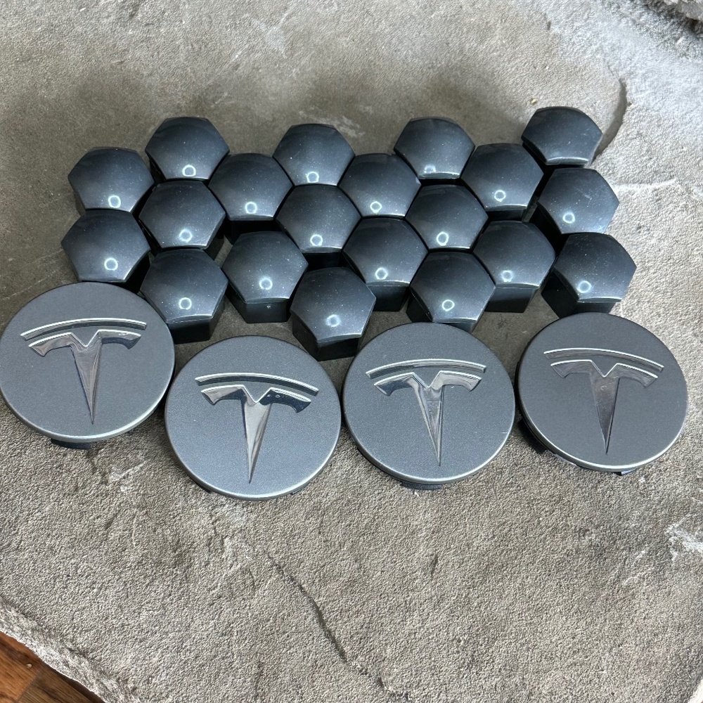 Tesla Silver - 4 Hub Center Caps +20 Lug Nut Covers